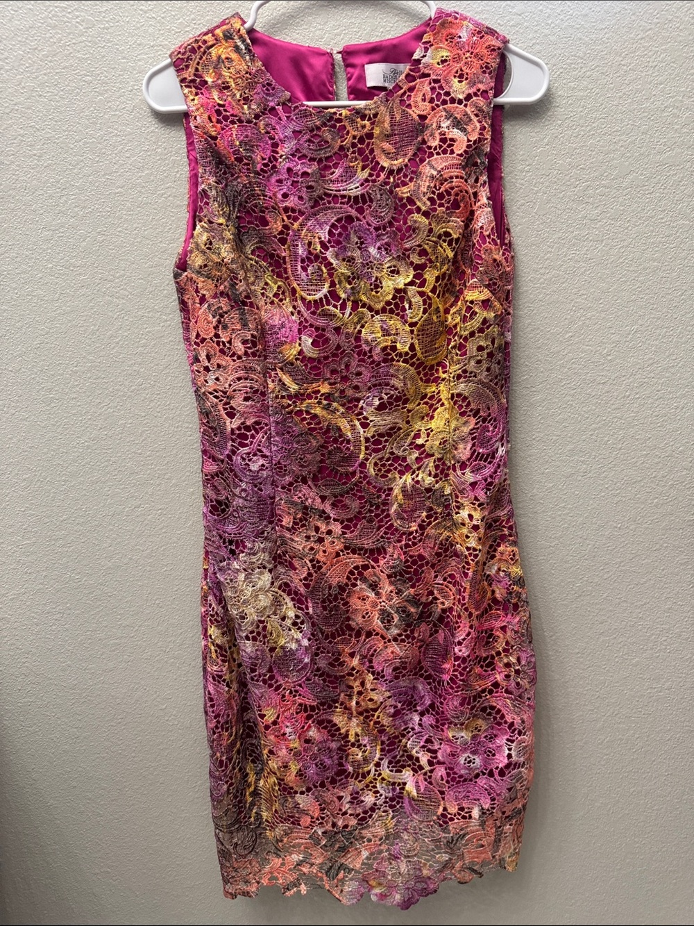 Belle Badgley Mischka Pink Multi Floral Lace Sheath Mini Dress